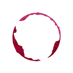 Wine glass stain. Red circular wine ring and splashes on white background. Realistic beverage mark for bar or restaurant design, menu decoration. Texture realistic vector illustration.