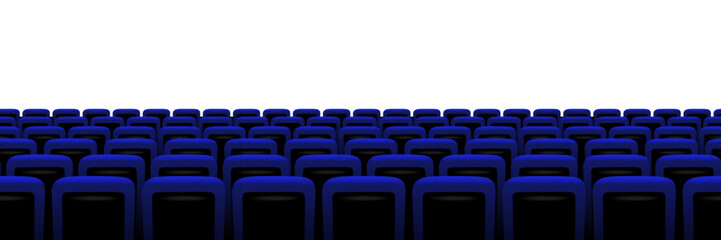Cinema, theater chair screen background with rows of blue seats facing bright empty space. Movie atmosphere created by deep shadows and clean perspective. Seamless realistic vector illustration.