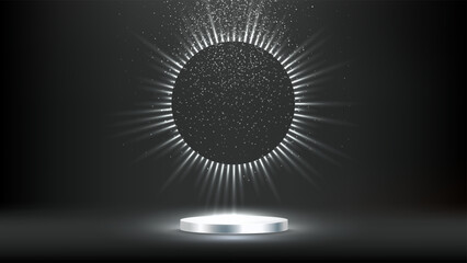 Silver award podium. Round silver pedestal with metallic surface under glowing circle halo and radiant light rays on dark. Luxury presentation stage. Premium vector illustration.