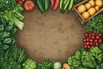 Farmers Market Vegetable Frame with Rustic Background and Copy Space