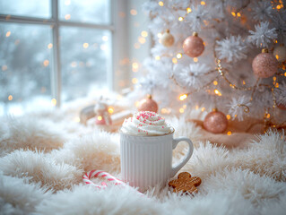 Cozy white Christmas scene with hot cocoa cup near window. Festive holiday background with bokeh lights, snowy view, and gingerbread cookie. Warm winter drink with candy cane decoration.
