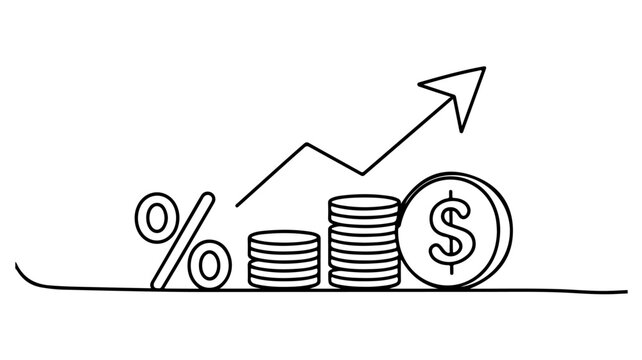 drawing depicting financial growth and increased profit. The illustration features rising stacks of coins alongside an upward-pointing arrow, all rendered with a single, continuo