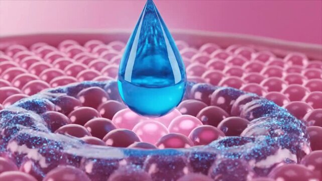 Skin hydration water absorption visualization video frame showing moisture penetration into skin cells cosmetic skincare science dermatology beauty and health concept illustration