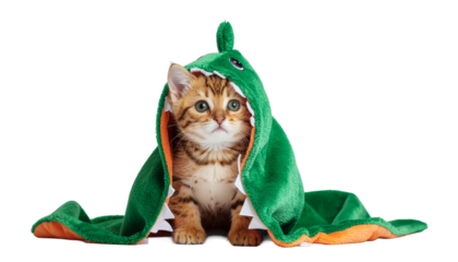 Kitten Wearing Dinosaur Costume Playfully.
