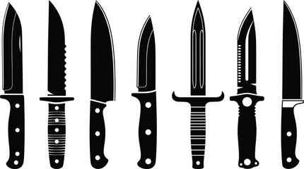 Knife silhouettes set in different shapes isolated vector illustration for kitchen tools, weapons, camping, and design concepts