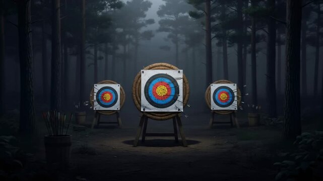 Archery target array in a misty forest with arrows impacting, illustrating precision training concept.