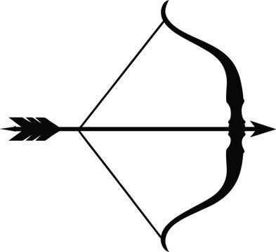 Minimal bow and arrow silhouette icon in black, archery weapon symbol vector illustration isolated on white background