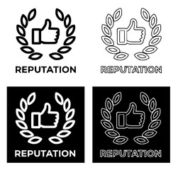 Reputation Management Icon with Laurel and Thumb: Black and white line icon with laurel wreath and thumb-up symbol labeled &ldquo;Reputation,&rdquo; representing trust, credibility, and brand image in PR.