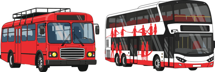 Red city bus and modern double decker bus vector illustration for public transportation, urban travel and transit concepts. © Prodip