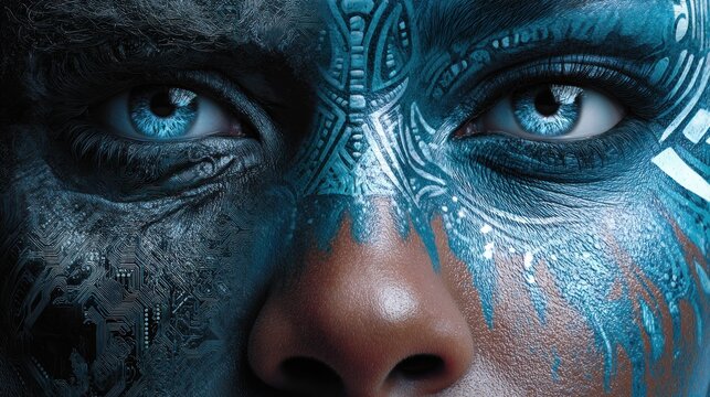 Intriguing portrait of a person with striking blue eyes and face paint