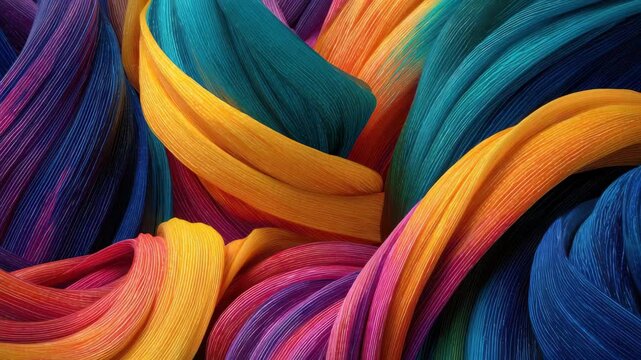 Colorful strands twist and overlap in a vibrant display of textile art during daytime in a workshop setting