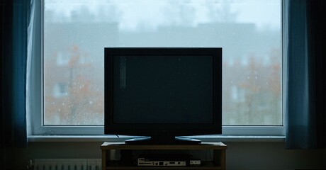 Fototapeta premium Dark room features television set facing window. Rain streaks glass, creating somber mood. Minimalist interior design present.