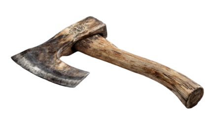 Old rusty axe in the stump, isolated on white, a sharp chopping tool for wood construction work