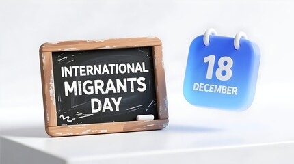 International migrants day concept with small chalkboard and blue calendar icon showing december 18th on white surface