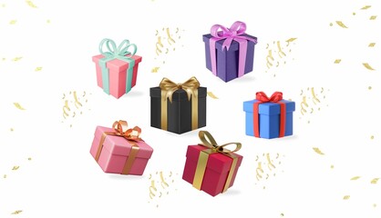 Floating Christmas Gift Boxes with Golden Confetti Celebration Isolated on White Background Illustration Vector. Colorful floating Christmas gift boxes surrounded by golden confetti, ideal for holiday