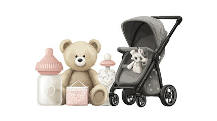 Cute brown teddy bear sitting with a toy, isolated on white, perfect soft Christmas gift for a child