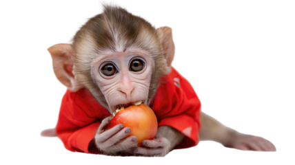 cute baby monkey wearing red hood holding apple fruit isolated on white background