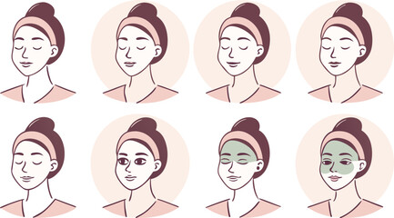 A step-by-step illustration of a woman applying a face mask for a beauty routine