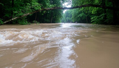 People Kayaking Through Muddy Rapids in a Lush Green Forest River