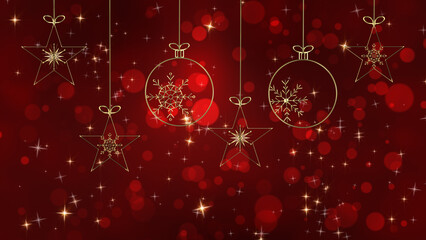 Christmas Card Gold Ornaments.Red Christmas card with gold ornaments and sparkles.