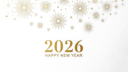Festive golden 2026 Happy New Year design with elegant starburst elements on a bright white background, symbolizing new beginnings and joyous celebrations