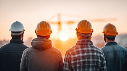 Construction workers looking at the sunset with a crane in the background