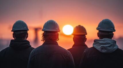 Construction workers watching the sunset, silhouetted against the orange sky