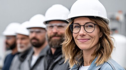 Smiling engineer in a hard hat with a team of construction workers