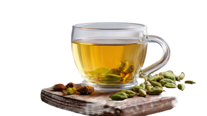 Hot herbal green tea beverage in a white cup and saucer with fresh mint leaves and flowers