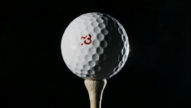 Close-up of a white golf ball with dimples resting on a wooden tee against a dark background.