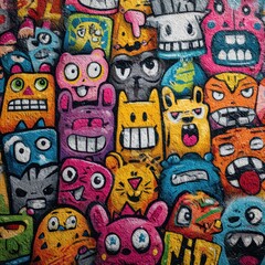 Obraz premium Vibrant graffiti wall displaying colorful cartoon monster characters