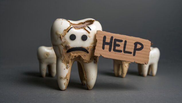 Cartoon Teeth Figures With a Sign Saying Help on a Gray Background