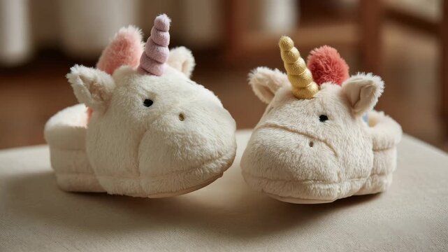 Cute slippers shaped like unicorns placed on a soft surface in a cozy living room during the morning hours