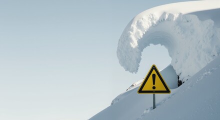 Yellow warning sign with exclamation mark on a snowy mountain slope. Avalanche danger concept with a snow cornice looming over a caution symbol. Winter landscape background with copy space