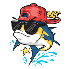 Yellowfin tuna fish cartoon mascot in cap and sunglasses, funny ocean character for t-shirt design