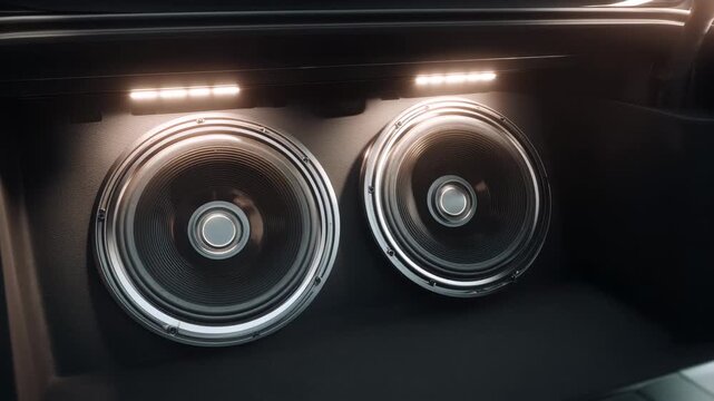Two large speakers inside a car trunk with lights on, showing sound system setup during evening