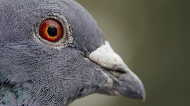 Profile close up of a pigeon's head with the focus on the red and yellow eye of the bird