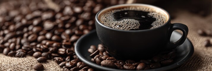 Black coffee cup on table with roasted beans
