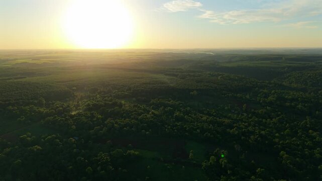 Warm sunset glow illuminates the vast Atlantic Forest landscape and agricultural fields in Misiones, Argentina, highlighting the dense green canopy and patches of yerba mate and tree plantations.