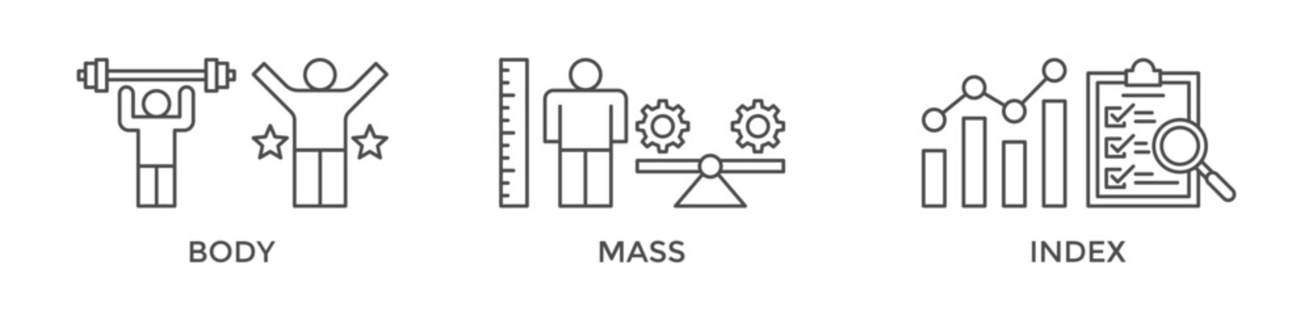 Banner of bmi web vector illustration concept with icons of body, mass, index