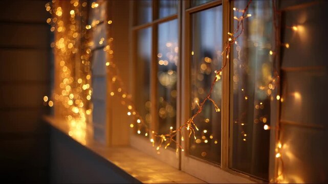 Warm glow from string lights along the window as night falls and the outside lights twinkle in the distance