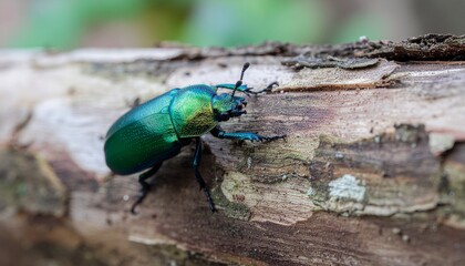 Vibrant Metallic Green Beetle Crawling on Textured Tree Bark