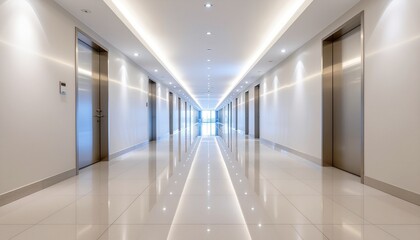 Modern Office Building Hallway with Multiple Elevator Doors and Reflective Floor