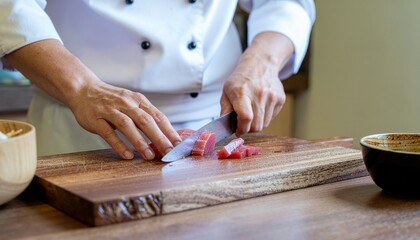 Professional Chef Slicing Fresh Raw Tuna on a Wooden Cutting Board