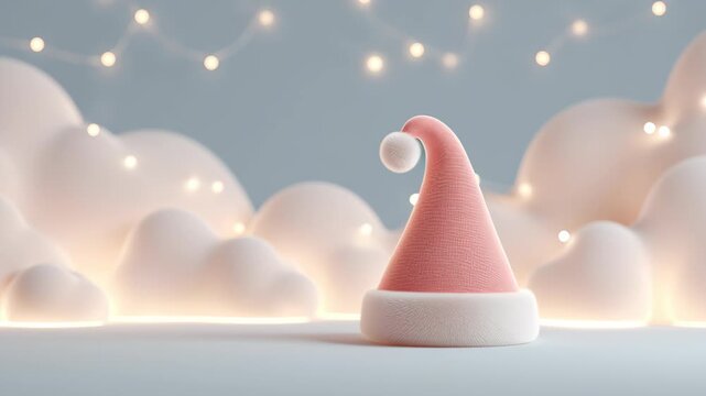 Pastel santa hat floating in soft glowing scene, minimal composition, dreamy festive atmosphere, pastel christmas santa background