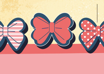 Close Up of Three Decorative Bows with Different Patterns on a Textured Yellow and Pink Background