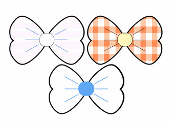 Three simple bows with patterned loops and solid colored centers on a white background featuring plaid and striped Keywords: bow, ribbon, decorative, gift, present, wrapping, celebration, party