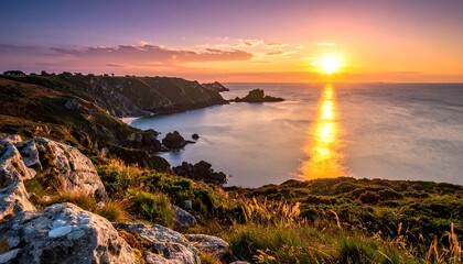 A coastal landscape features cliffs, a sun setting over the ocean, with the sun's reflection creating a path of light