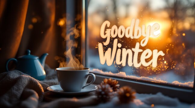 Steaming tea cup by a snowy window with "Goodbye Winter" text at golden hour for seasonal transition concept and cozy atmosphere