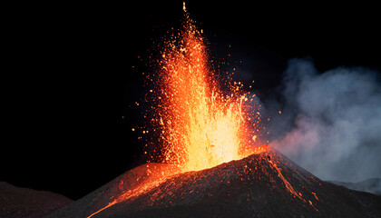 Nighttime volcanic eruption with glowing lava fountain illuminating darkness.
